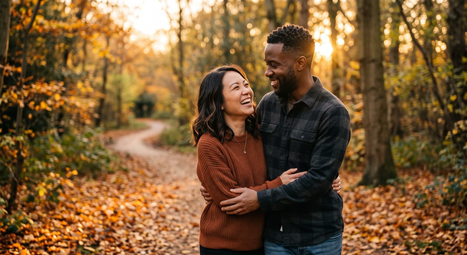 A couple laughing together on a woodland path in autumn, at golden hour.
