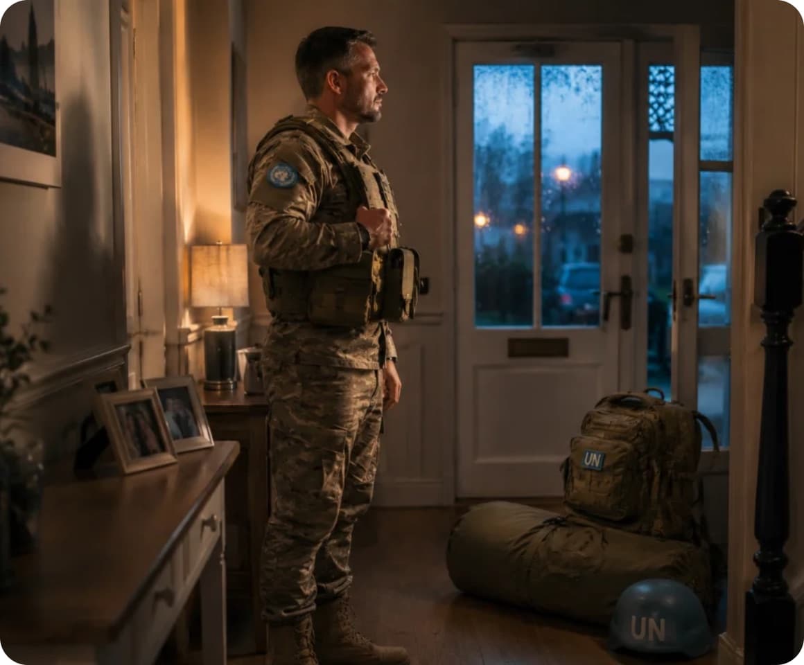 Gear packed by the door before deployment, in quiet early-morning light.